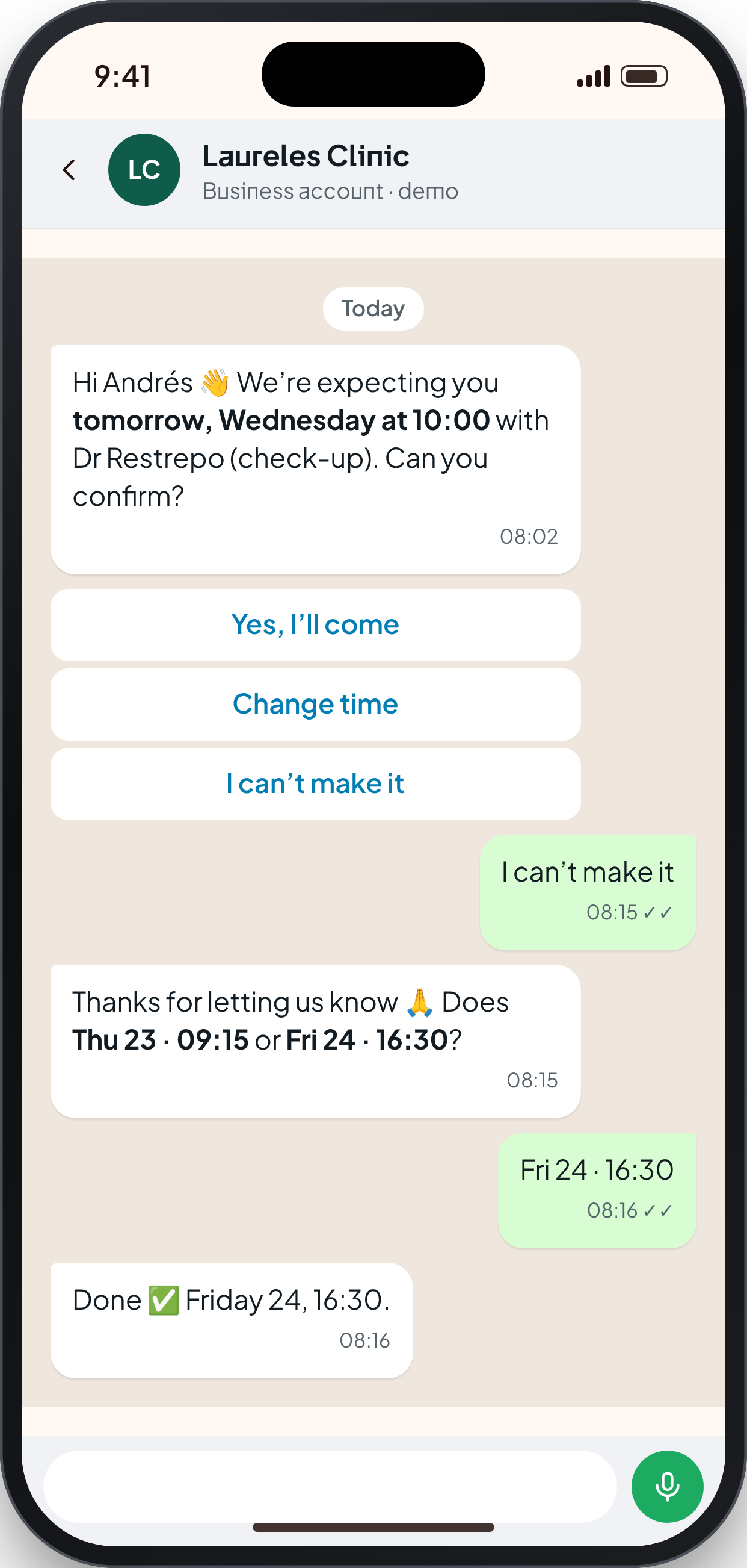 SLOTBACK screen: Patient reminder (WhatsApp-style)