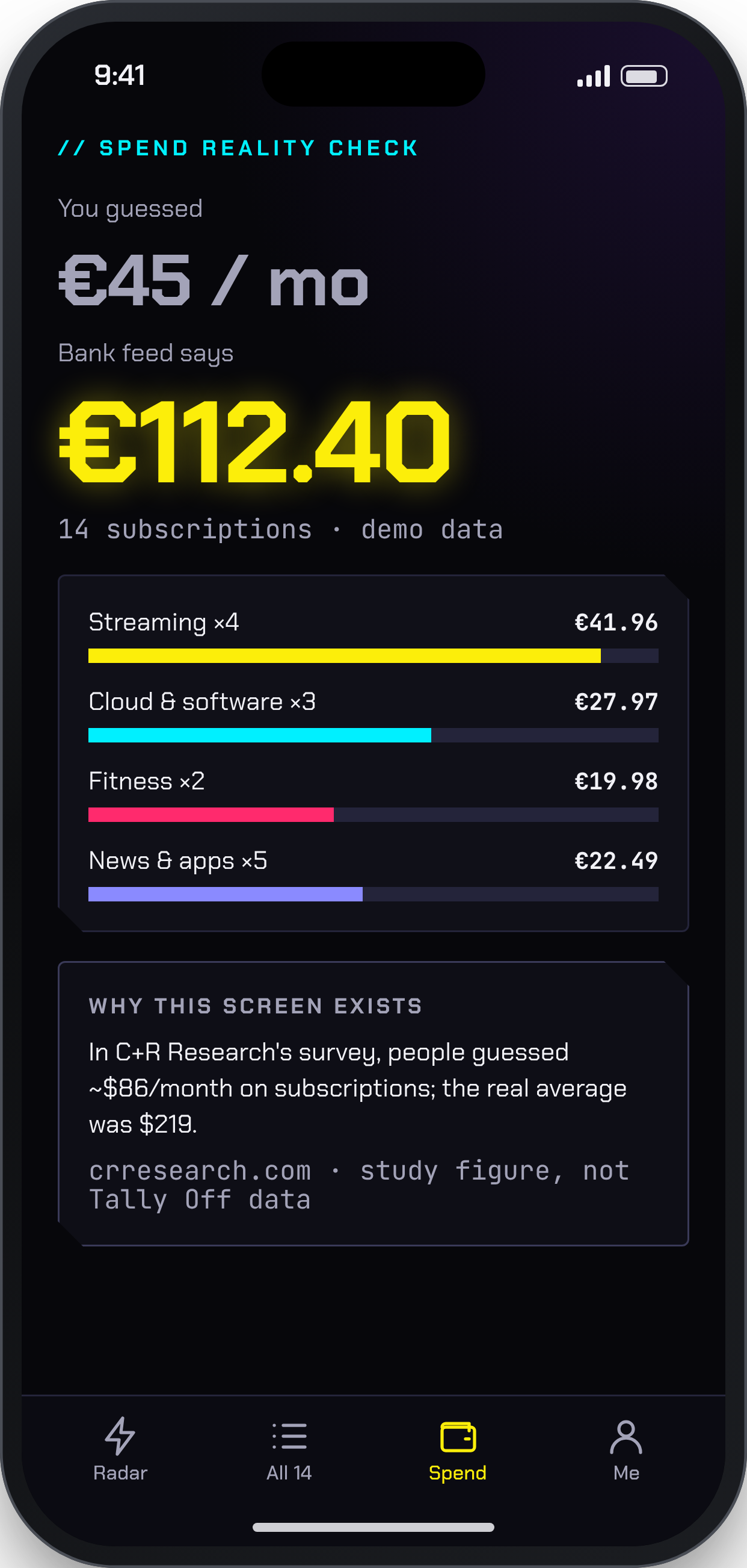 TALLY OFF screen: Spend reality check