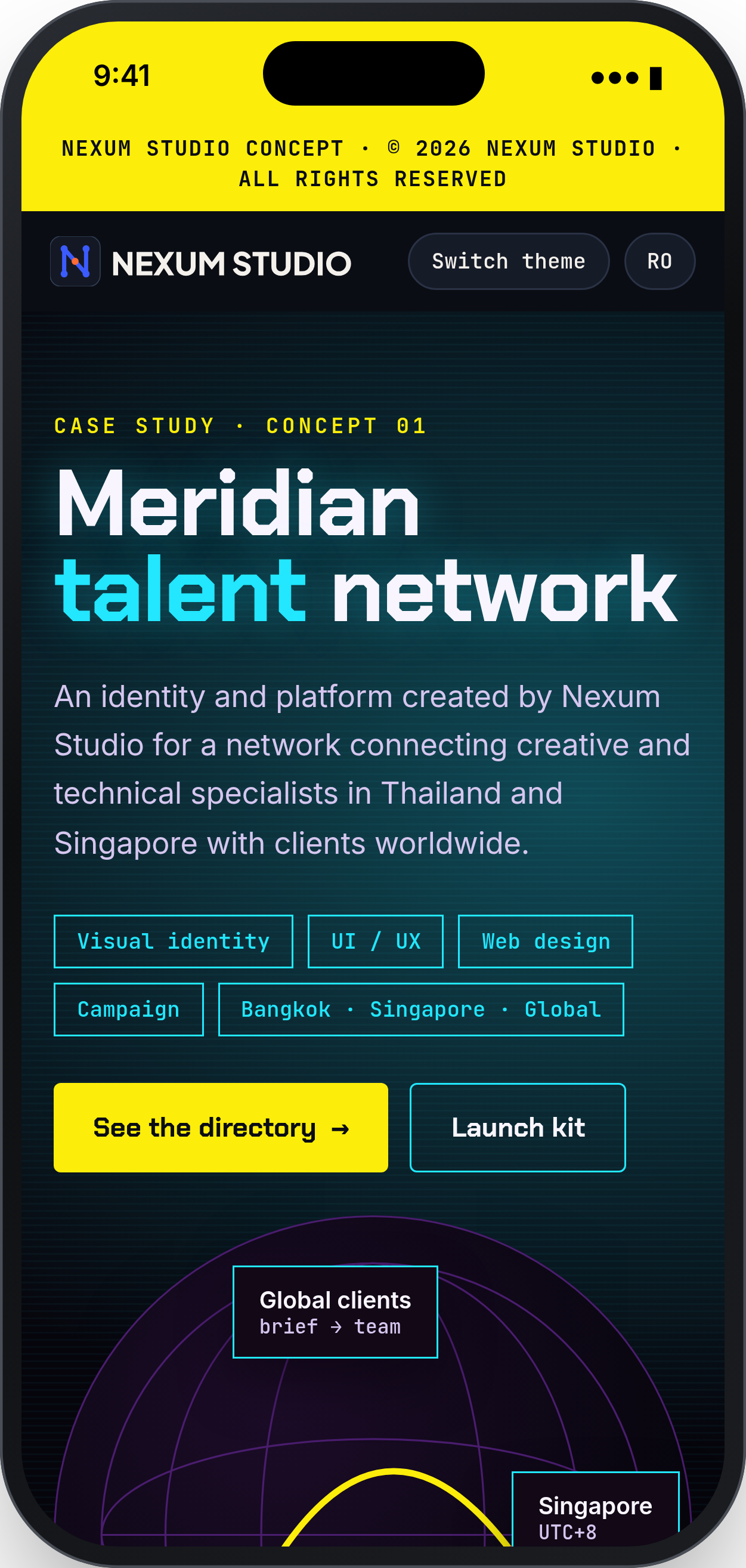 MERIDIAN: First fold, phone · neon theme